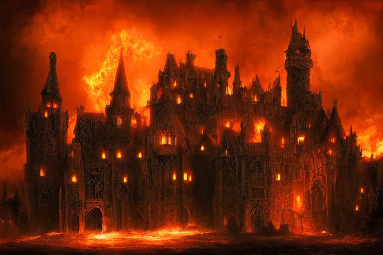 Image similar to Ornate Castle made of Fire, atmospheric, digital art, fantasy, magic, arcane, volumetric lighting, illustration by Seb McKinnon, realistic