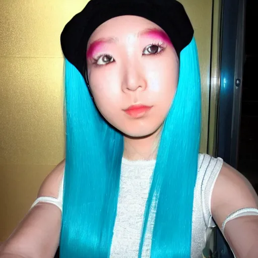 Prompt: paparazzi photo of actress miku hatsune with cyan hair