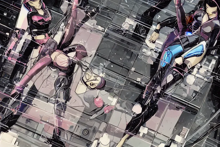 Image similar to a cyberpunk illustration of a group of four female androids in style of masamune shirow, lying scattered across an empty, white floor with their bodies rotated in different poses and cables and wires coming out, by yukito kishiro and katsuhiro otomo, hyper-detailed, intricate