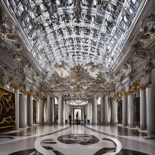 Image similar to Mars art center designed by Zaha Hadid with baroque elements. Ultra futuristic design that combines ornate baroque with clean organic forms.. Beautiful, enormous space with epic details