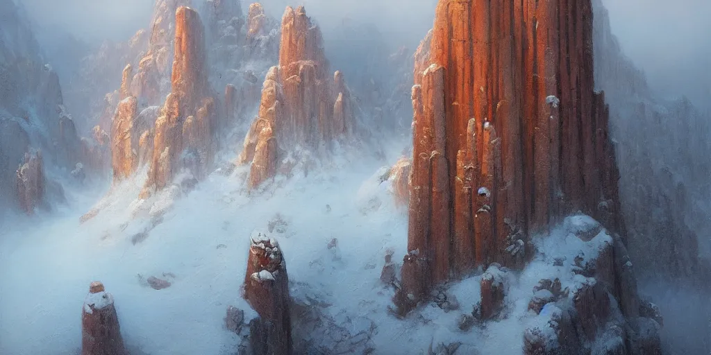 Prompt: looking down into a snowy craggy canyon, low rim light through low lying clouds, extremely detailed oil painting, unreal 5 render, rhads, Bruce Pennington, Studio Ghibli, tim hildebrandt, digital art, octane render, beautiful composition, trending on artstation, award-winning photograph, masterpiece, cold snowy