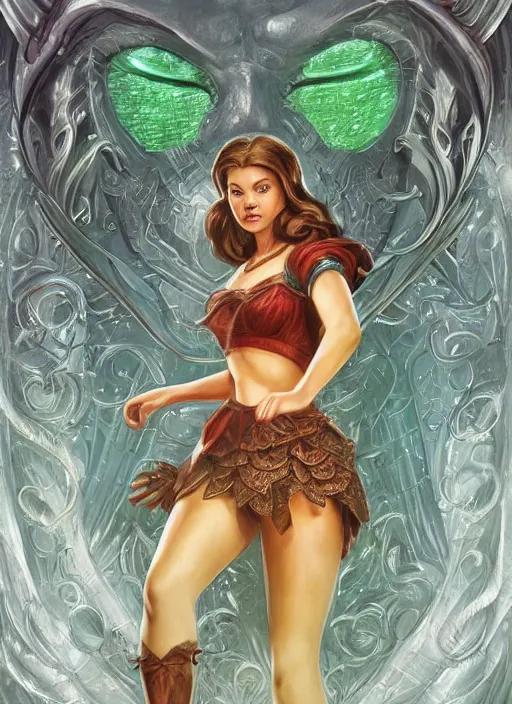 Image similar to beautiful female dorothy gale, rebecca romijn as dorothy, full body character concept, covered in full silver armor, armor plating, art nouveau, beautiful glowing emeralds, super powers, fantasy, intricate, elegant, highly detailed, digital painting, artstation, concept art, shining, sharp focus, illustration, art by stanley lau