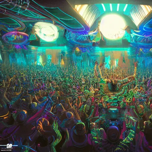 Image similar to rave dance party cryengine render by android jones, james christensen, rob gonsalves, and tim white