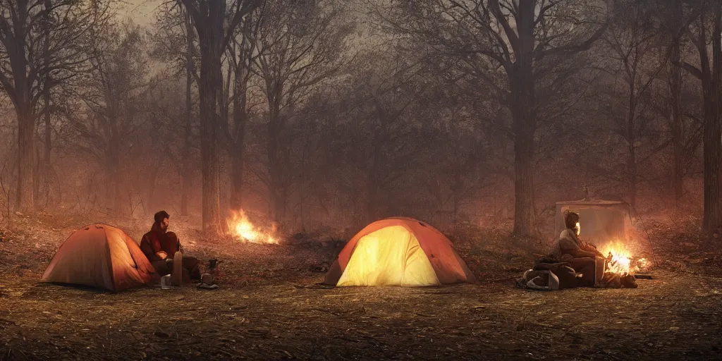 Image similar to two homeless men camping by an abandoned haunted asylum, a hobo barrel fire, elegant scene, low angle, wide angle, deep forest, wide angle, cinematic, ultrarealistic, trending on artstation, cgsociety, highly detailed, color graded, rendered in unreal engine 4 k hq, matte painting, by simon stalenhag and abandoned asylum in the woods