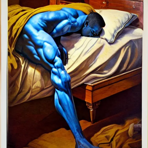 Image similar to photo shot of oiled up glossy 1 8 y. o. muscular genie with blue skin, posing in bed, morning sunlight, greek, dramatic, romantic, detailed, realistic, in style of j. c. leyendecker