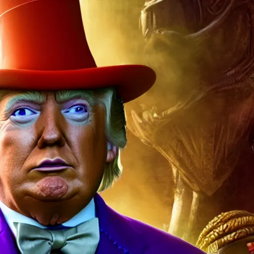 Image similar to portrait of donald trump as willy wonka in morrowind, fantasy, warcraft, warhammer, splash art, movie still, cinematic lighting, dramatic, octane render, long lens, shallow depth of field, bokeh, anamorphic lens flare, 8 k, hyper detailed, 3 5 mm film grain