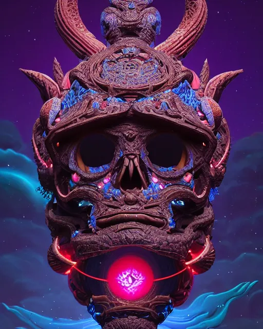 Image similar to 3 d ornate carved dark cosmic nomad with profile portrait, sigma 5 0 0 mm f / 5. beautiful intricate highly detailed quetzalcoatl skull. bioluminescent, plasma, lava, ice, water, wind, creature, thunderstorm! artwork by tooth wu and wlop and beeple and greg rutkowski, 8 k trending on artstation