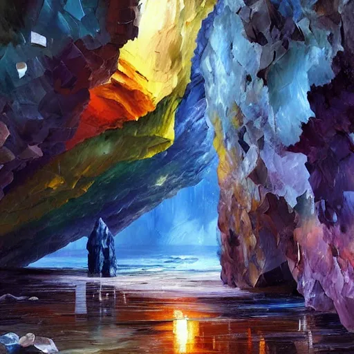 Image similar to A huge cave full of rainbow color crystals and gems on the ground, and stuck to the walls made of huge grey boulders, very dark, midnight, oil painting by Afremov and Greg Rutkowski.