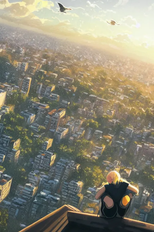 Prompt: sad teenager in black adidas sportswear looking atop of a urban plateau filled with detailed soviet apartment buildings, golden hour, dreamy, beautiful clouds, birds, plane trailes, ultra detailed, beautiful lighting, wallpaper, suburbs, beautiful artwork by Makoto Shinkai