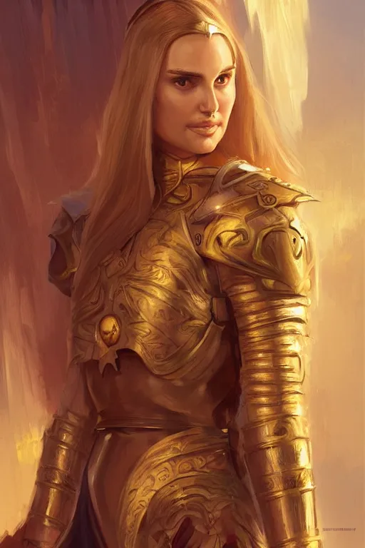 Image similar to portrait of a young natalie portman knight with blond hair wearing a golden armor with a sun symbol, fantasy, highly detailed, digital painting, artstation, concept art, illustration, art by Bayard Wu and Marc Simonetti