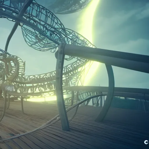 Image similar to roller coaster, liminal space, unreal engine, octane render, houdini