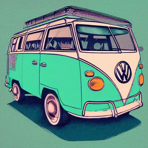 Image similar to illustration of an old van volkswagen, may 6 8, pastel colors, cool, hippie by victo ngai