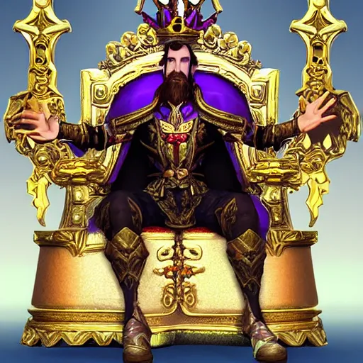 Prompt: asmongold sitting on a throne with a crown as king