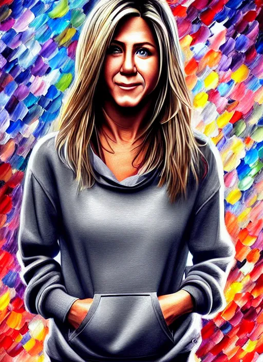 Prompt: jennifer aniston, gray hoodie, jeans, half body shot, path traced, highly detailed, high quality, digital painting, alena aenami, leonid afremov, lilia alvarado, shinji aramaki, karol bak, alphonse mucha, tom bagshaw