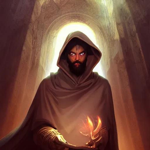 Prompt: A hooded young bearded male mage summoning a daemon matte painting Moebius concept art ArtStation trending lighting award winning photography