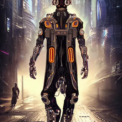 Image similar to a man who wears futuristic clothing has a mechanical hand and is walking in a cyberpunk street, trending on artstation, cgsociety contest winner!!, intricately detailed, golden ratio!!, centered!!