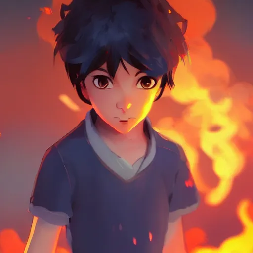 Prompt: a child with dark grey skin, blue eyes and short brown hair holding fire, highly detailed, digital painting, artstation, matte, by makoto shinkai, animation style