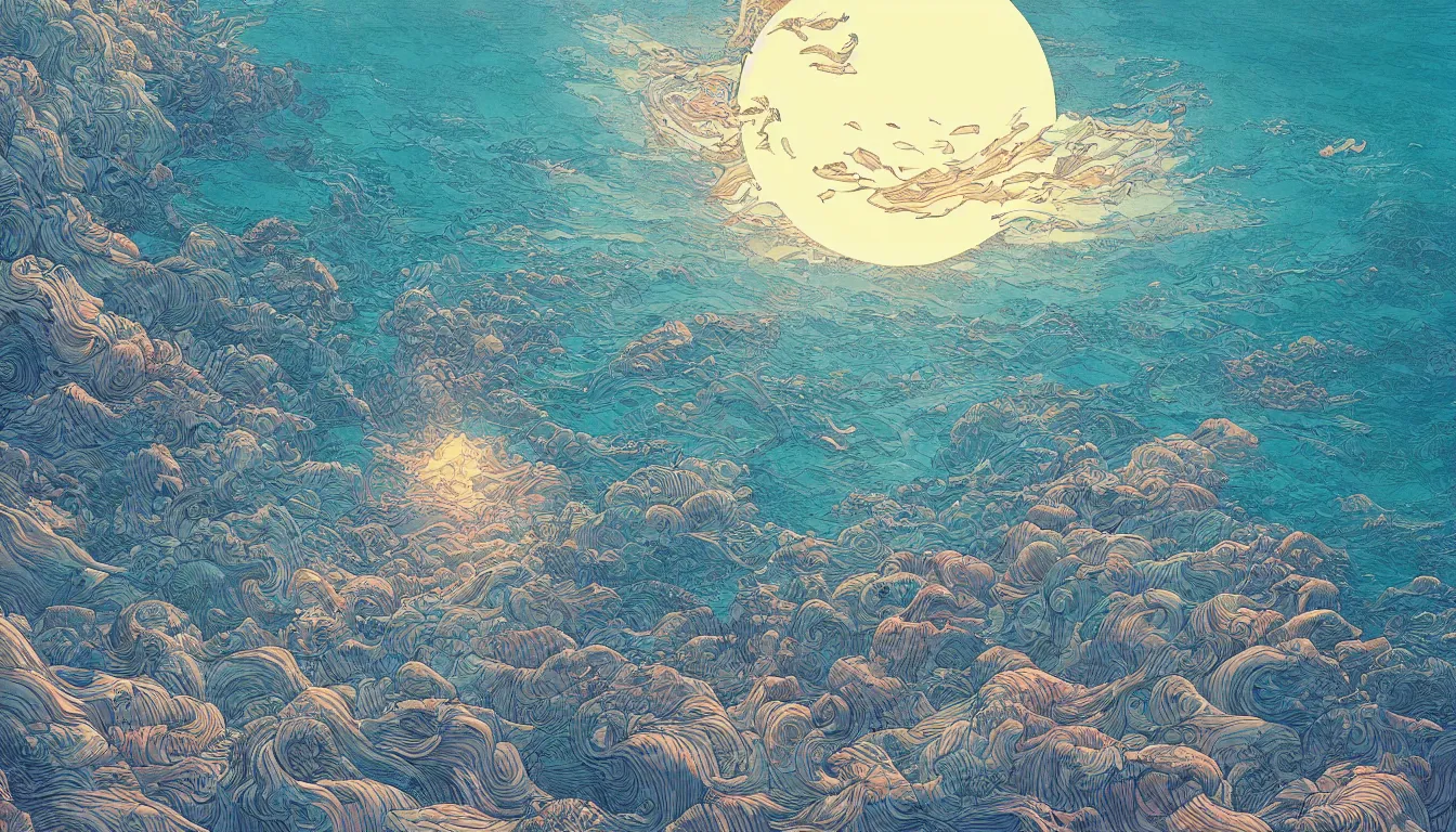 Prompt: open ocean with setting sun, chinese ink brush, yukio - e, kilian eng, victo ngai, josan gonzalez