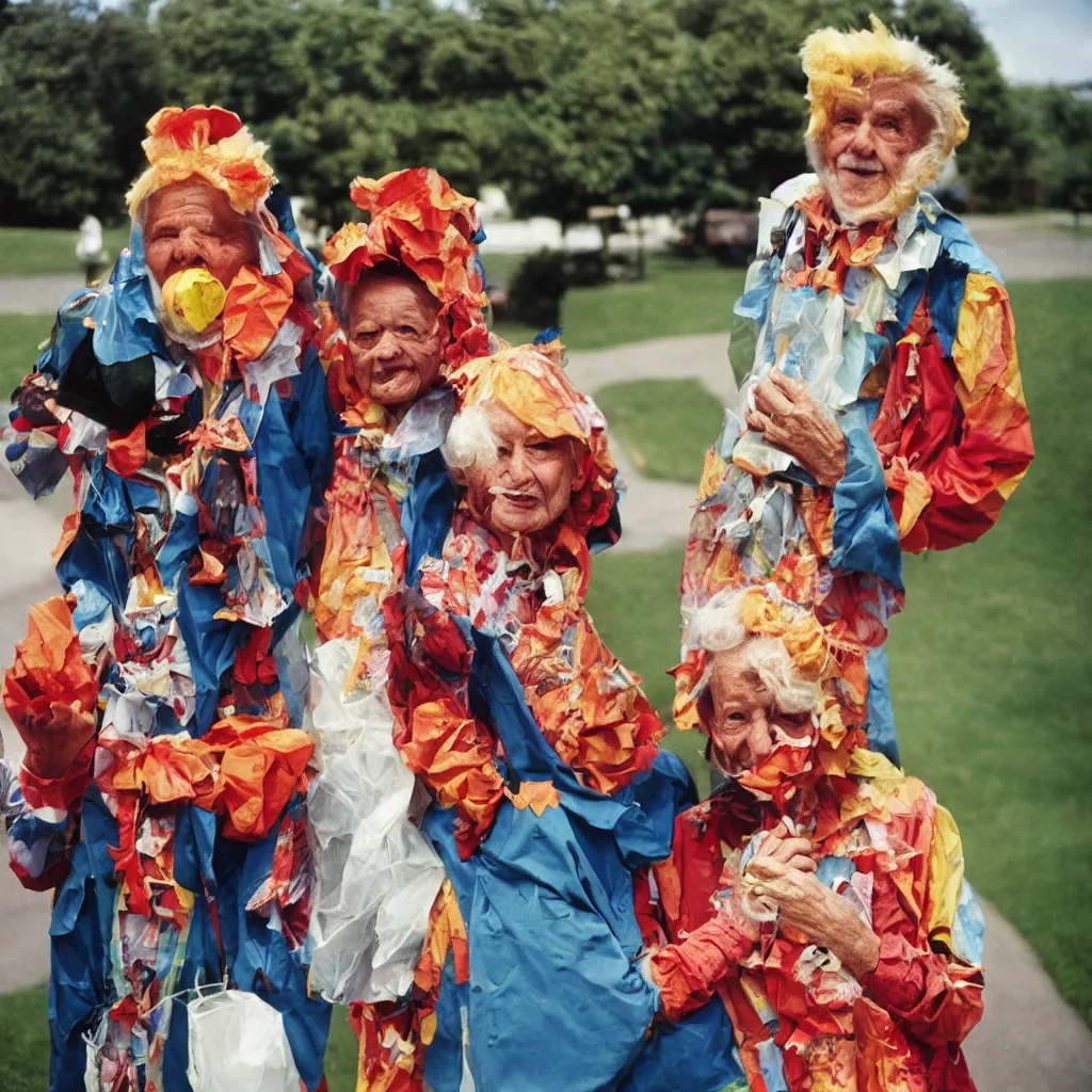 Image similar to a martin parr photo of a grandpa couple, wearing weird trash costumes, fujifilm velvia 5 0