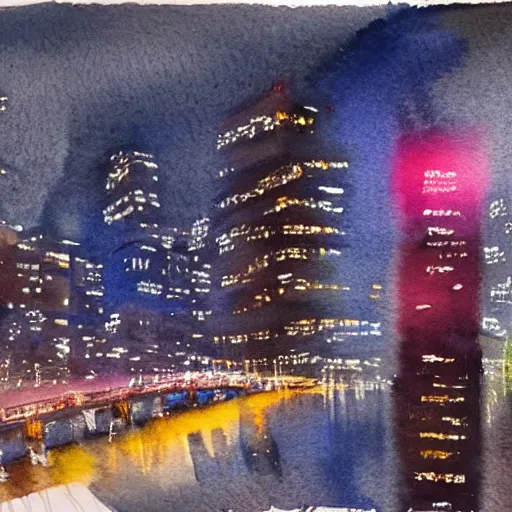 Prompt: a watercolor of tokyo by night