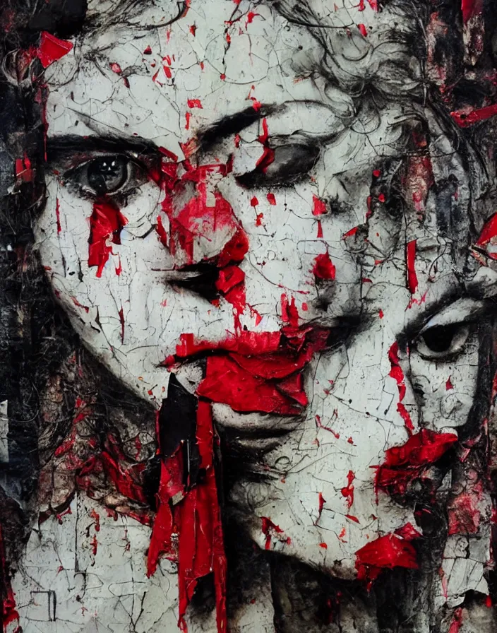Prompt: bloody party face detailed analogue mixed media collage with canvas texture in style of contemporary art, punk art, hyperrealistic beautiful face, photorealistic, expressionism, masterpiece, perfect composition, spectacular quality torn paper, intricate oil details, broken glass