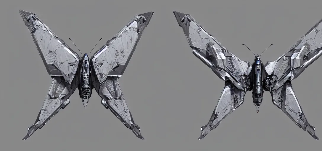 Prompt: mechanized butterfly with wings spread, gunmetal grey, very symmetrical, orthographic view, top down view, bottom view, side view, blueprints, mecha, lockheed martin f - 3 5 lightning ii, fighter jet, cybernetic, robotic, highly detailed, artstation, autodesk maya, super realistic, unreal engine