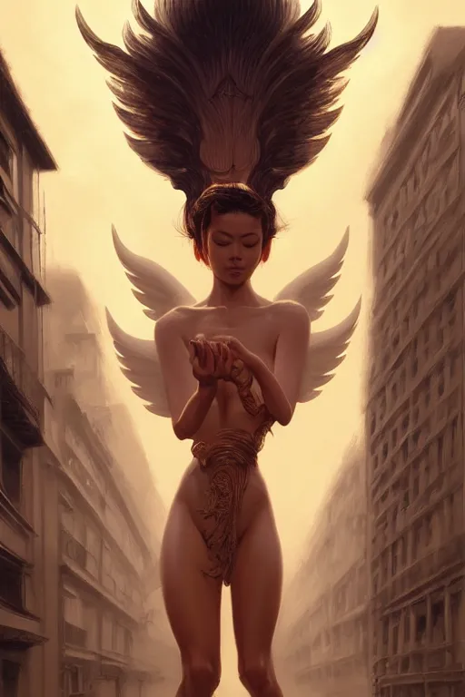 Image similar to angel doing tai - ji in street, angel is wearing t - shirt, hyper realistic, intricate, elegant, highly detailed, digital painting, artstation, concept art, matte, sharp focus art by boris vallejo and greg rutkowski, smooth, sharp focus, illustration