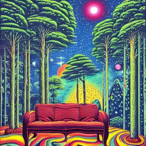 Image similar to psychedelic trippy river pine forest, planets, milky way, sofa, cartoon by rob gonsalves
