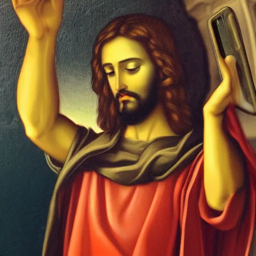 Image similar to Jesus takes a selfie, shot on android 2013