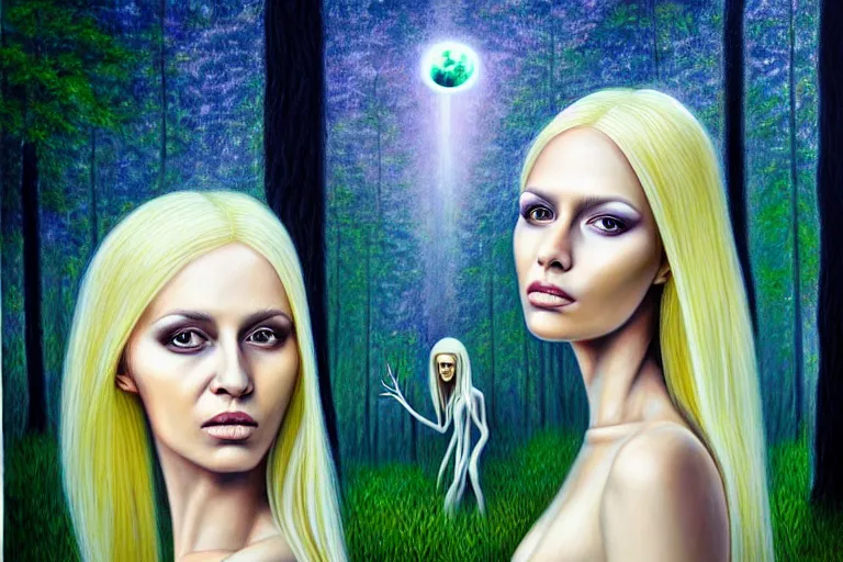 Image similar to realistic detailed portrait painting of a beautiful ghost woman with blond hair with an alien, futuristic sci-fi forest on background