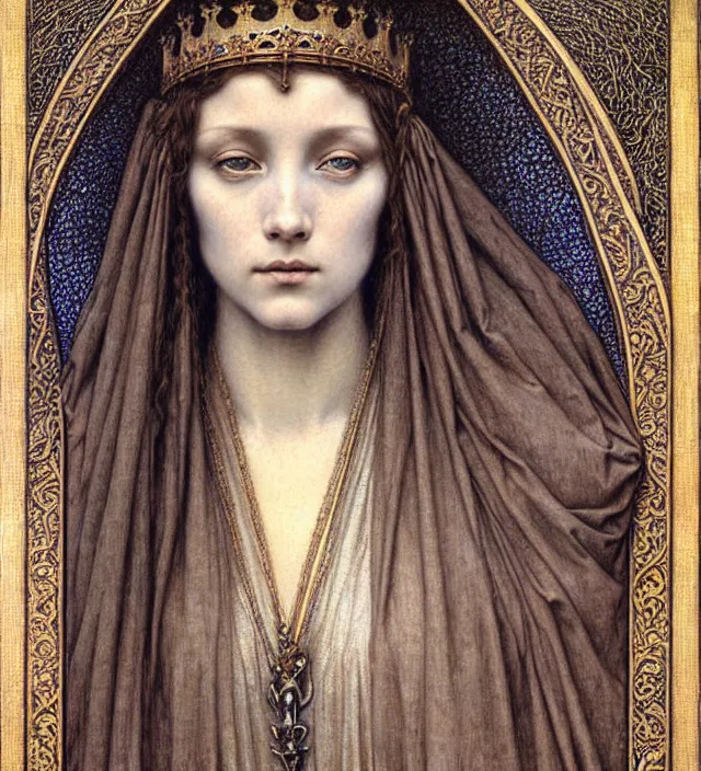 Image similar to detailed realistic beautiful young medieval queen face portrait by jean delville, gustave dore and marco mazzoni, art nouveau, symbolist, visionary, gothic, pre - raphaelite. horizontal symmetry