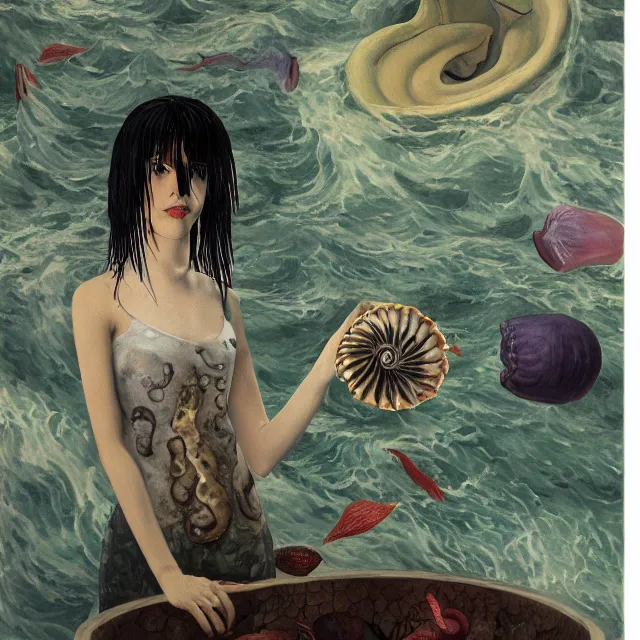 Prompt: tall emo female artist holding a nautilus in her flooded kitchen, pomegranates, octopus, water gushing from ceiling, painting of flood waters inside an artist's apartment, a river flooding indoors, ikebana, zen, rapids, waterfall, black swans, canoe, berries, acrylic on canvas, surrealist, by magritte and monet