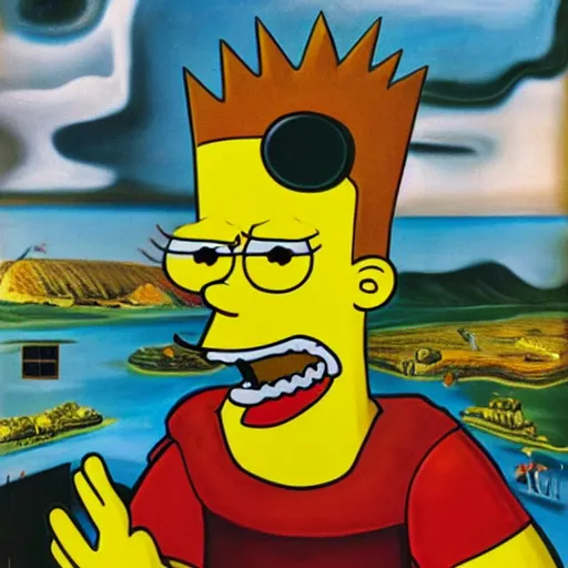 Prompt: Bart Simpson Stuck in a Salgado Dali painting