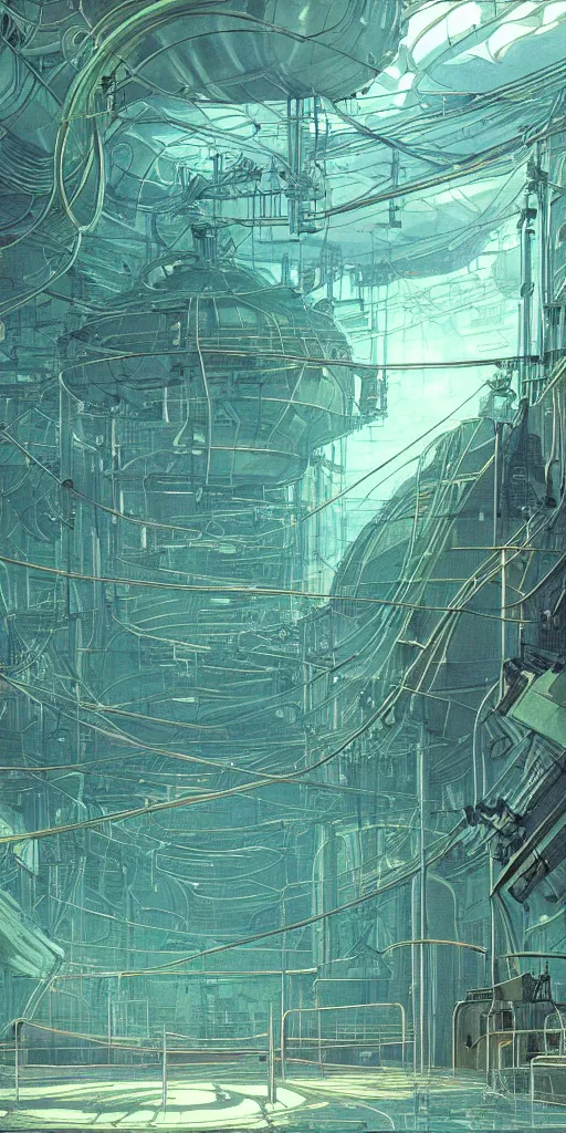 Prompt: experimental water tanks , mysterious laboratory, thick green mist, low ceiling, cables hanging from ceiling, thick cables on ground, god rays of light, huge computer screens, neons, saturated top light , epic scene, scifi, illustration, art by ghibli moebius