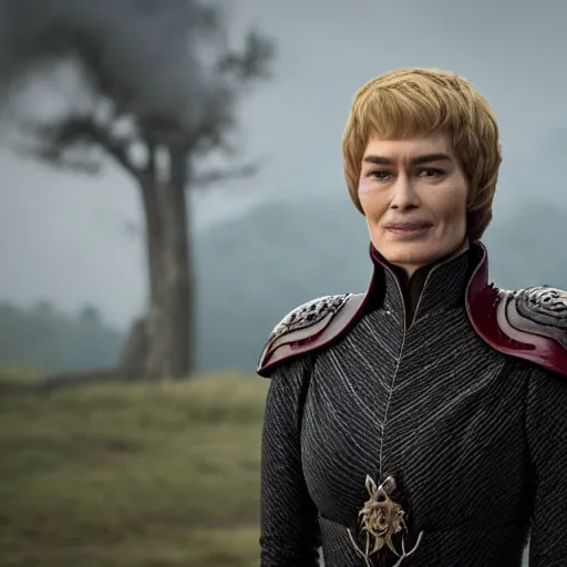 Prompt: cersei lannister emerging from geen wildfire