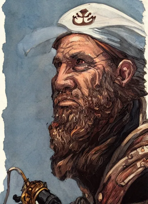 Prompt: portrait of grizzled sailor on ship deck, coherent! by brom, deep color, strong line, high contrast