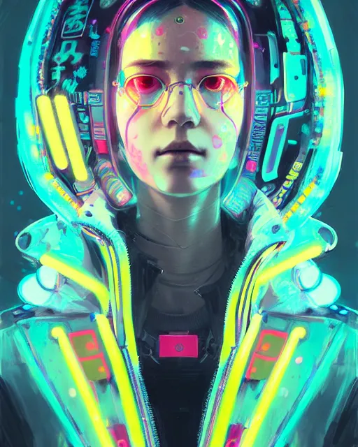 Image similar to detailed portrait Neon Operator Girl, cyberpunk futuristic neon, reflective puffy coat, decorated with traditional Japanese ornaments by Ismail inceoglu dragan bibin hans thoma greg rutkowski Alexandros Pyromallis Nekro Rene Maritte Illustrated, Perfect face, fine details, realistic shaded, fine-face, pretty face