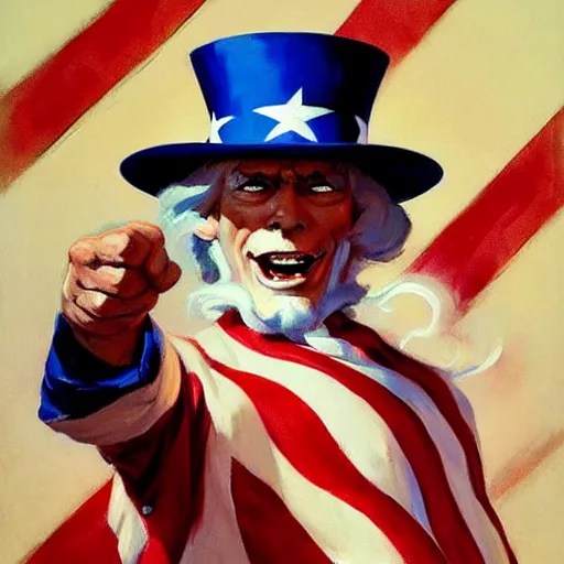 Prompt: greg manchess painting of a propganda poster of uncle sam saying glory to america, painting, trending on artstation, by huang guangjian and gil elvgren and sachin teng
