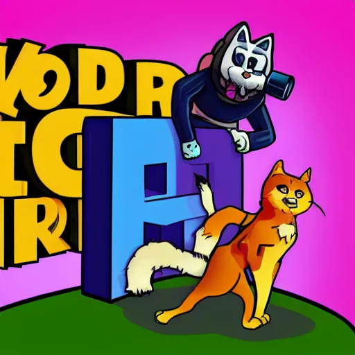 Prompt: a anthropomorphic cat playing Fortnite with a anthropomorphic dog cartoon, Jim Davis