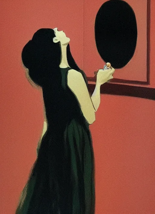 Prompt: a beautiful muse captivatingly dreaming and brushing her hair in front of a mirror made of existential void, the girl from the Ring crawling, in style of John Singer Sargant, Ilya Kuvshinov and Edward Hopper with eerie colors of Mark Rothko, highly detailed