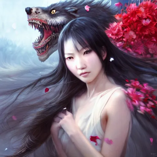 Prompt: very very very beautiful asian girl turning into a ferocious werewolf, large teeth, falling flower petals, epic digital painting, art by wlop and raymond swanland and chie yoshii, extreme detail