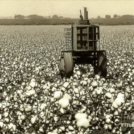 Image similar to robots working in the cotton field , 1824 , old photograph , 4k , HD