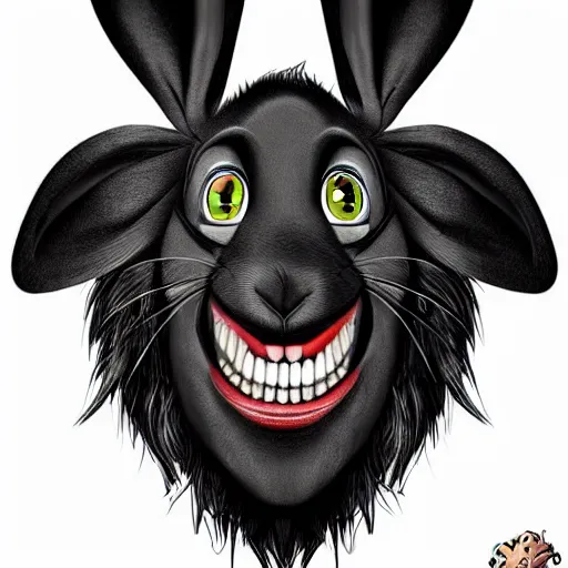 Image similar to A extremely highly detailed majestic hi-res beautiful, highly detailed head and shoulders portrait of a scary terrifying, horrifying, creepy black cartoon rabbit with scary big eyes, earing a shirt laughing, hey buddy, let's be friends, in the style of Walt Disney