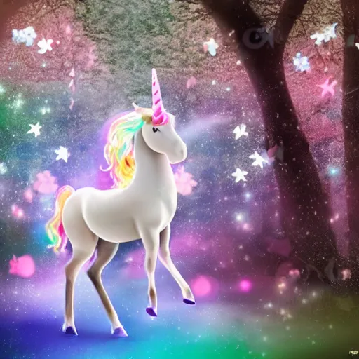 Image similar to a unicorn with a glowing horn, galloping, dreamy, mysterious, sakura petals, forest, extreme bokeh, found footage