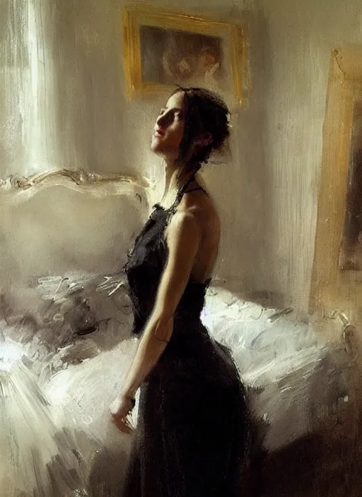 Prompt: beautiful portrait painting of an elegant victorian woman posing in an artistic pose over a bed, by jeremy mann, only one head single portrait