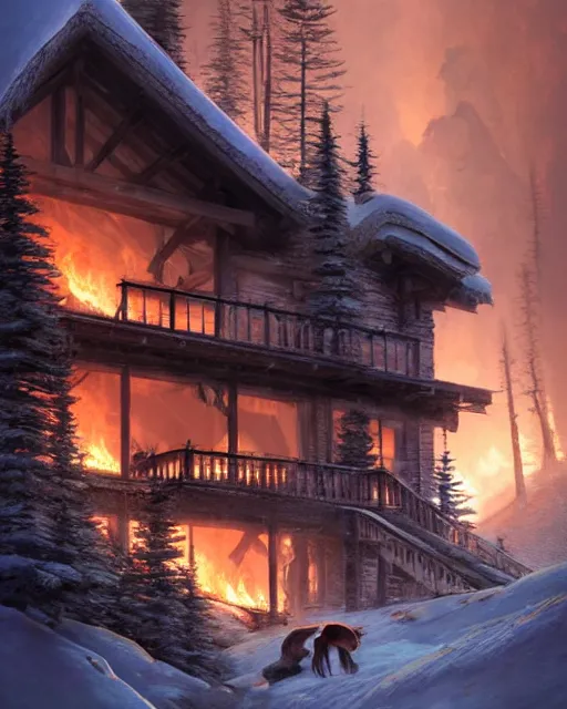 Prompt: mountain chalet covered in fire, smoke, sunrise, snow, sharp details, sharp focus, elegant, highly detailed, illustration, by Jordan Grimmer and greg rutkowski and PiNe(パイネ) and 薯子Imoko and 香川悠作 and wlop and maya takamura, intricate, beautiful, Trending artstation, pixiv, digital Art