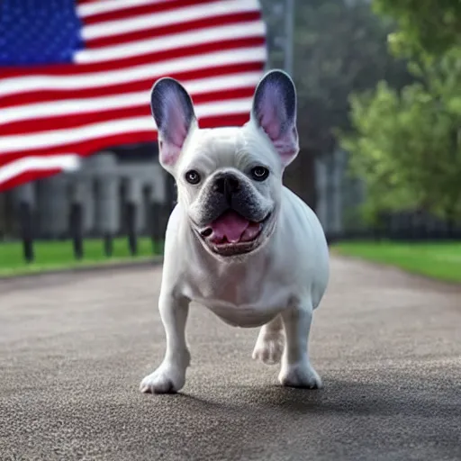 Image similar to A white french bulldog as the president of the united states, running for reelection for the year 2024, 8k hdr movie still, dynamic lighting, detailed