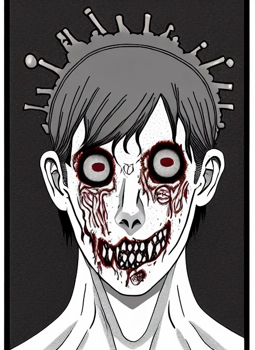 Image similar to junji ito style portrait of zombie teenage jughead jones wearing a light grey crown, photorealistic, zombie, crown, rotting skin, blind eyes, white eyes, crown, black hair, intricate, highly detailed, illustration, art by junji ito