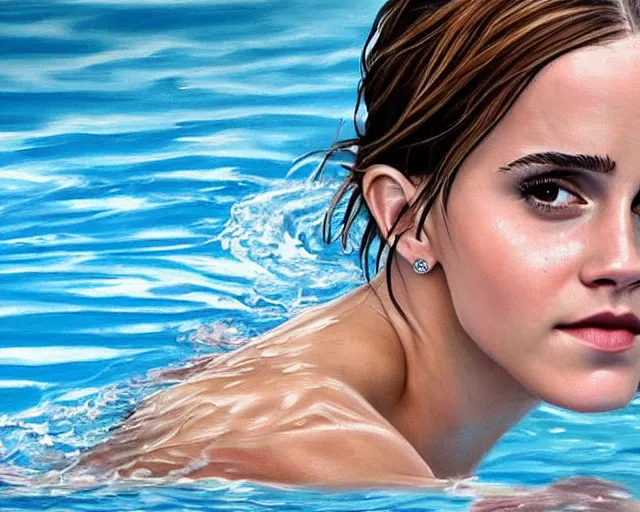 Prompt: photorealistic painting of emma watson at a swimming pool, detailed, closeup
