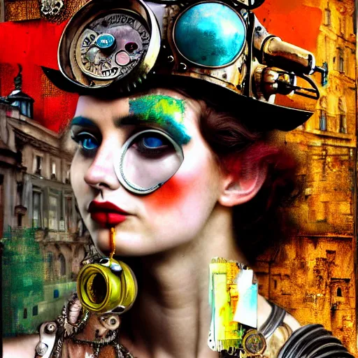 Prompt: steam punk roman pasquino, contemporary collage, highly detailed, digital painting, 4 k, hdr, punk, fashion, smooth, sharp focus, art by nick knight, sandra chevrier and john hoyland